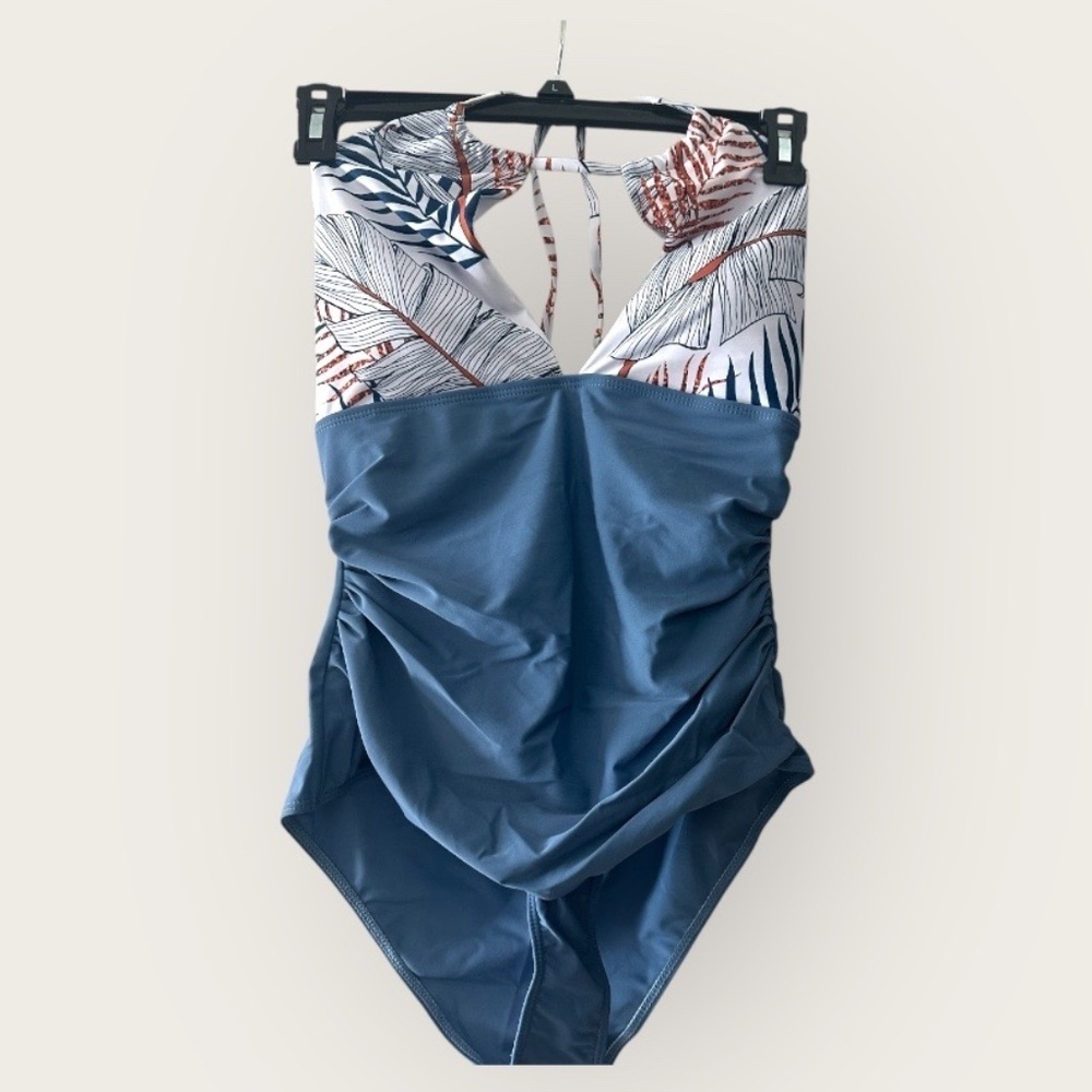 One Piece Swimsuit Halter Tie Neck Blue